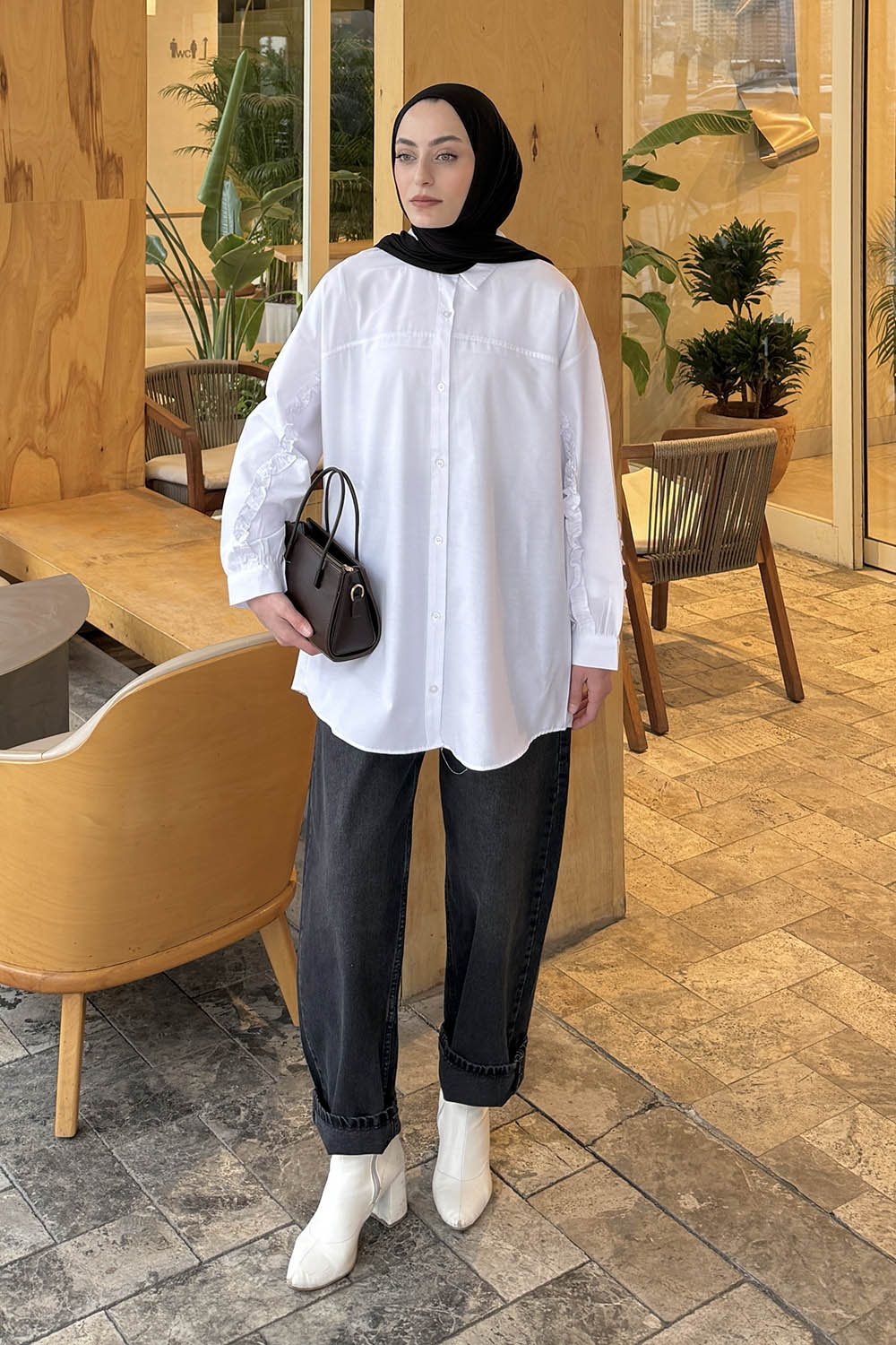 Lamelif Kol Fırfır Detaylı Gömlek Beyaz