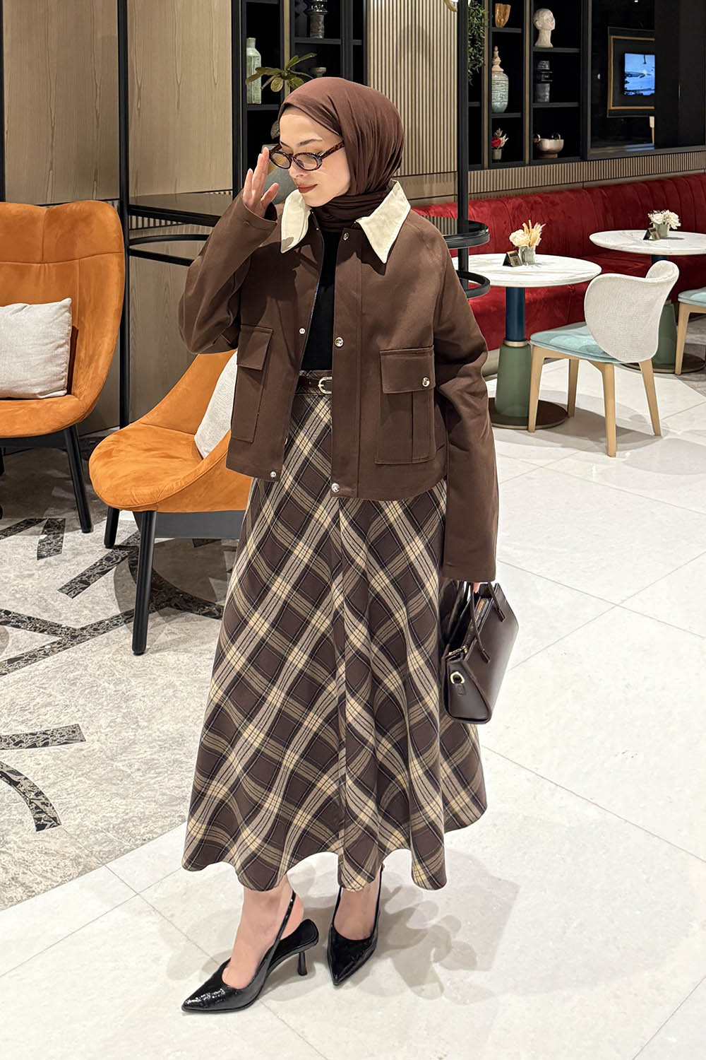 Lamelif Yaka Detaylı Çıtçıtlı Ceket Acı Kahve