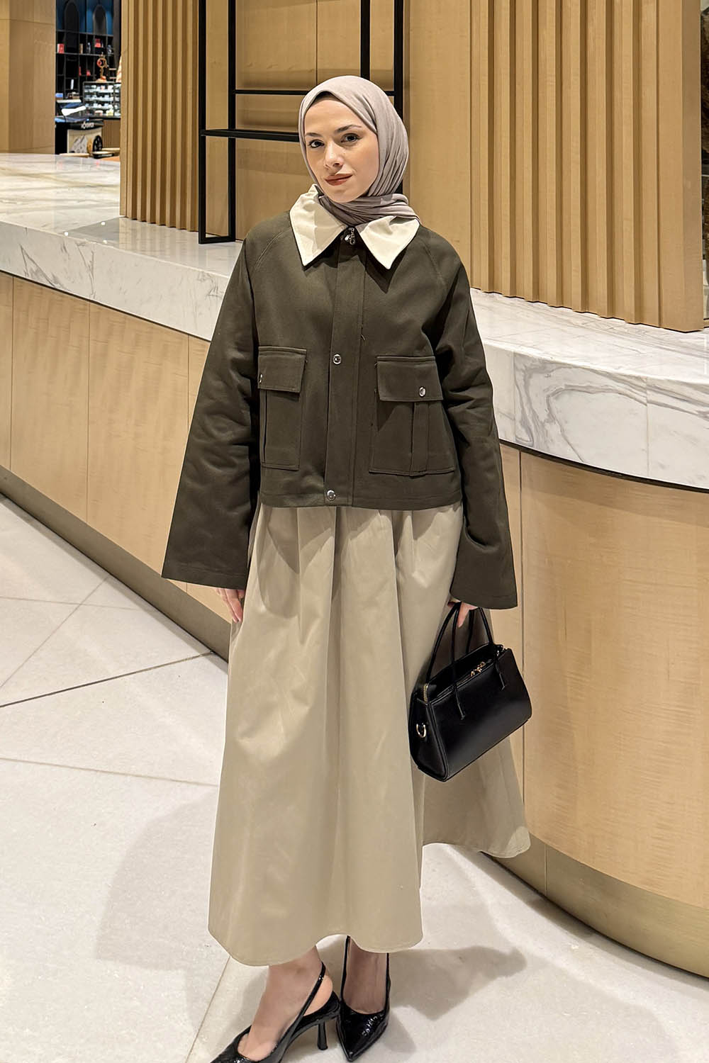 Lamelif Yaka Detaylı Çıtçıtlı Ceket Haki