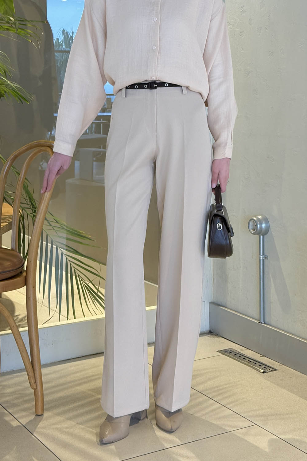 Lamelif Yüksek Bel Kumaş Pantolon Taş Rengi