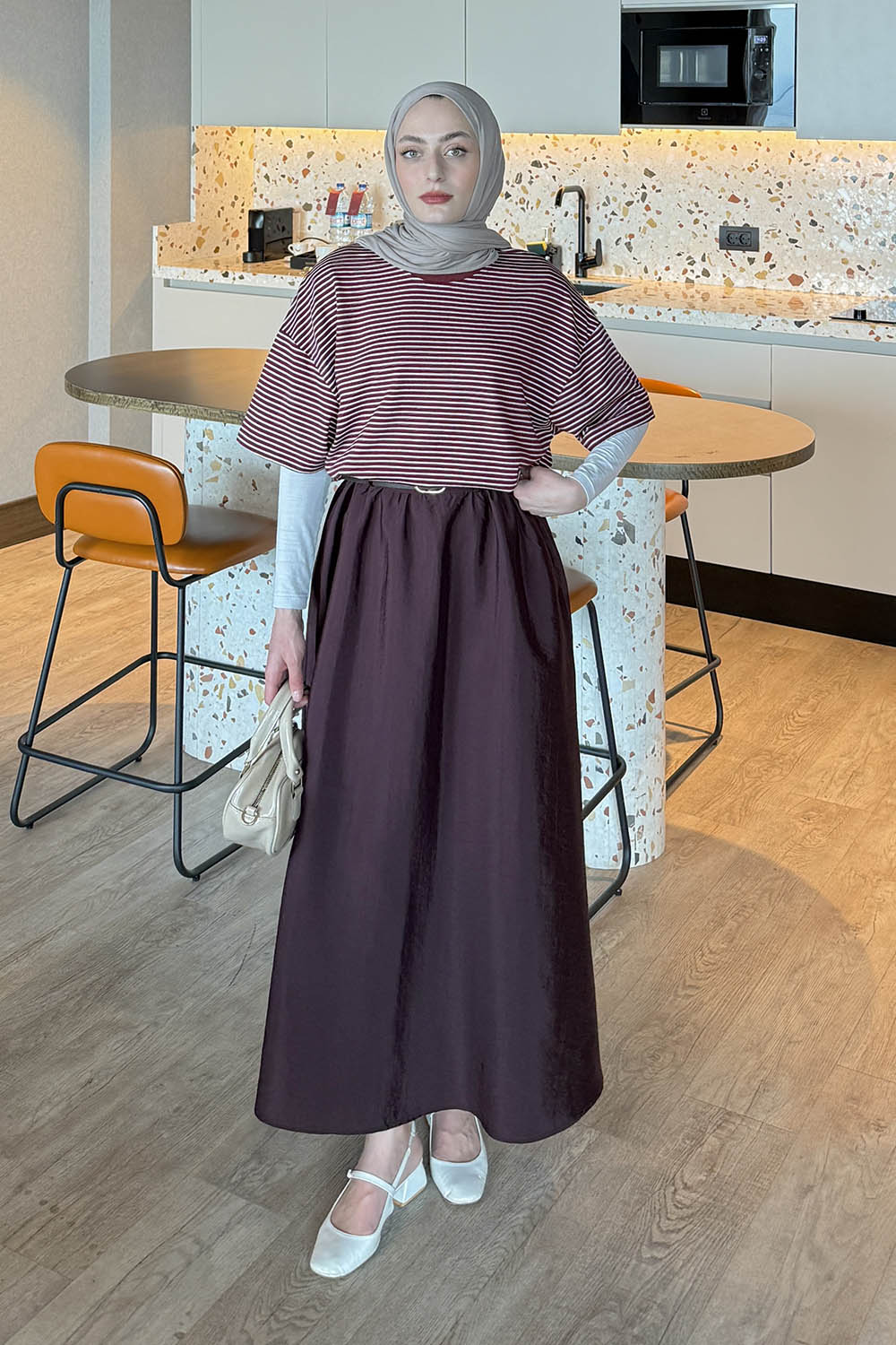 Lamelif Çizgili T-shirt Bordo