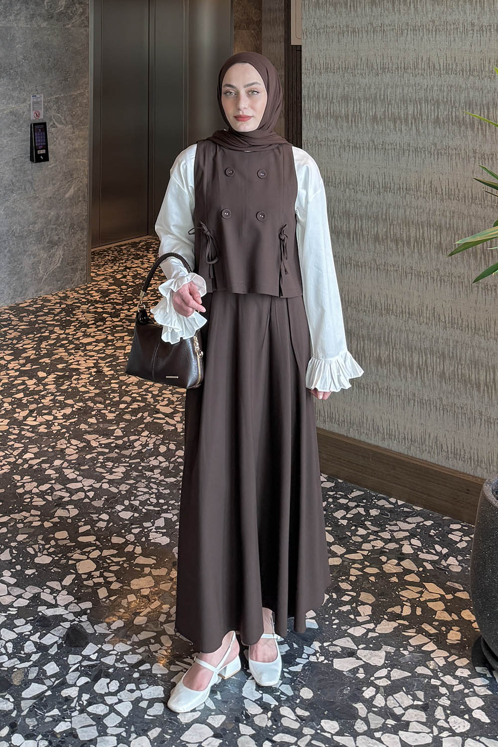 Lamelif Düğmeli Yelekli Takım Acı Kahve