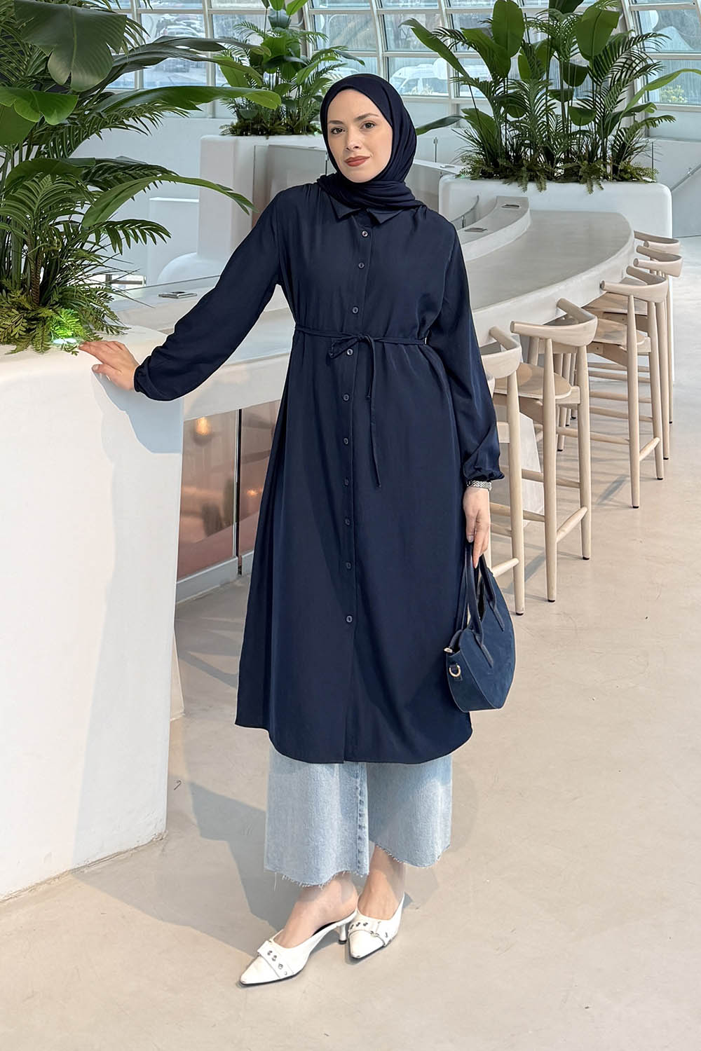 Lamelf Cupra Bağlama Detaylı Tunik Lacivert