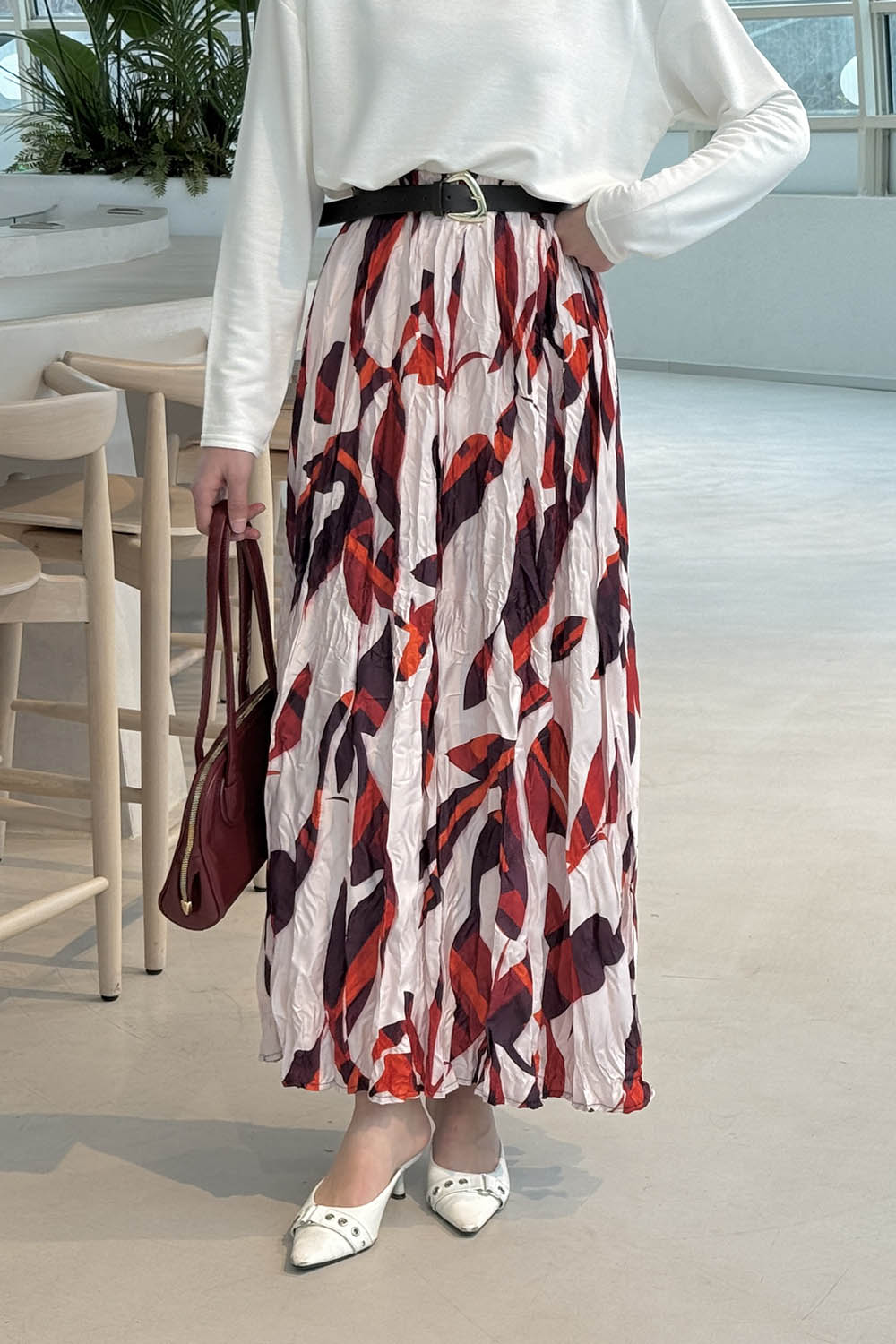 Ecru Orange Cotton Printed Flare Skirt