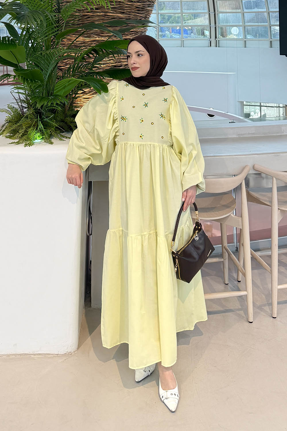 Yellow Crew Neck Cotton Printed Dresess