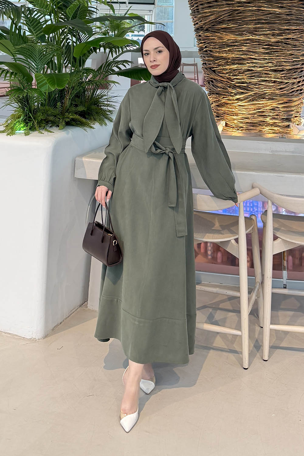 Lamelif Fularlı Bağlama Detaylı Elbise Haki