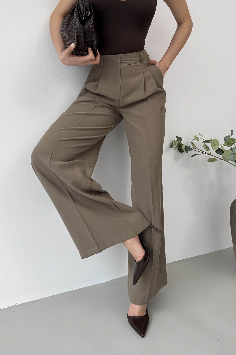 Lamelif Geniş Paça Palazzo Pantolon Haki