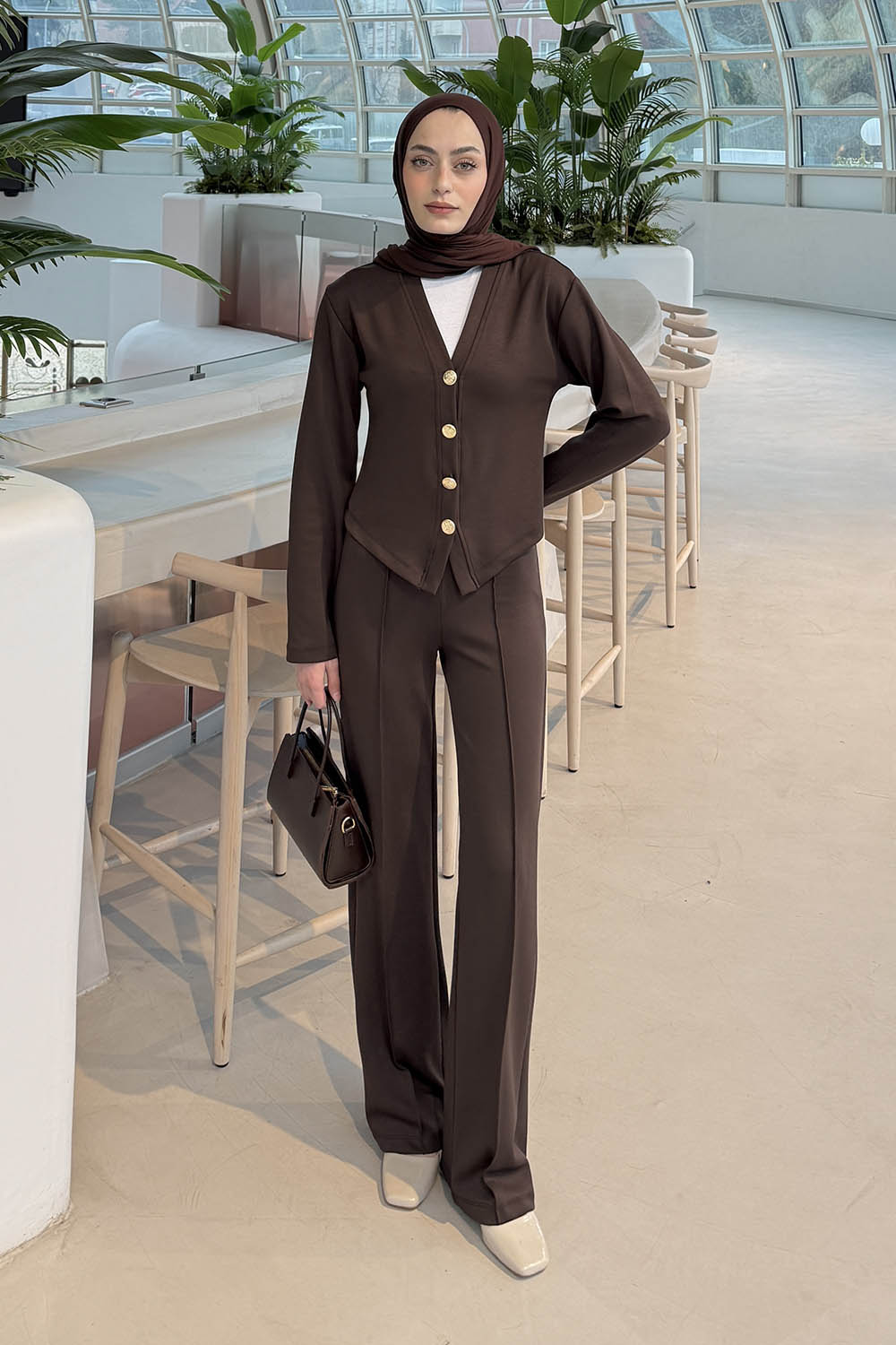 Lamelif Gold Düğme Detaylı İkili Takım Acı Kahve