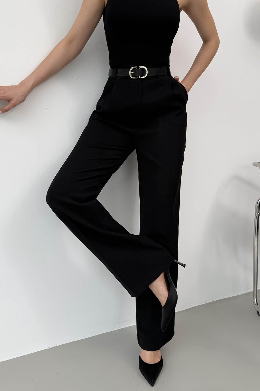 Lamelif Pileli Palazzo Pantolon Siyah