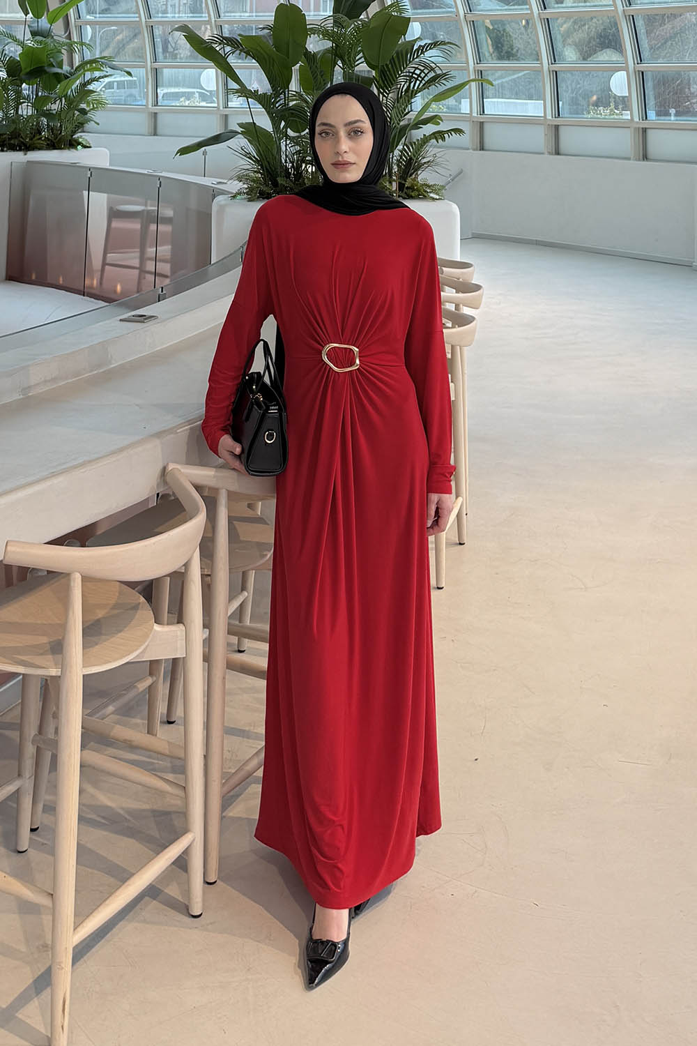 Lamelif Sandy Toka Detaylı Elbise Bordo