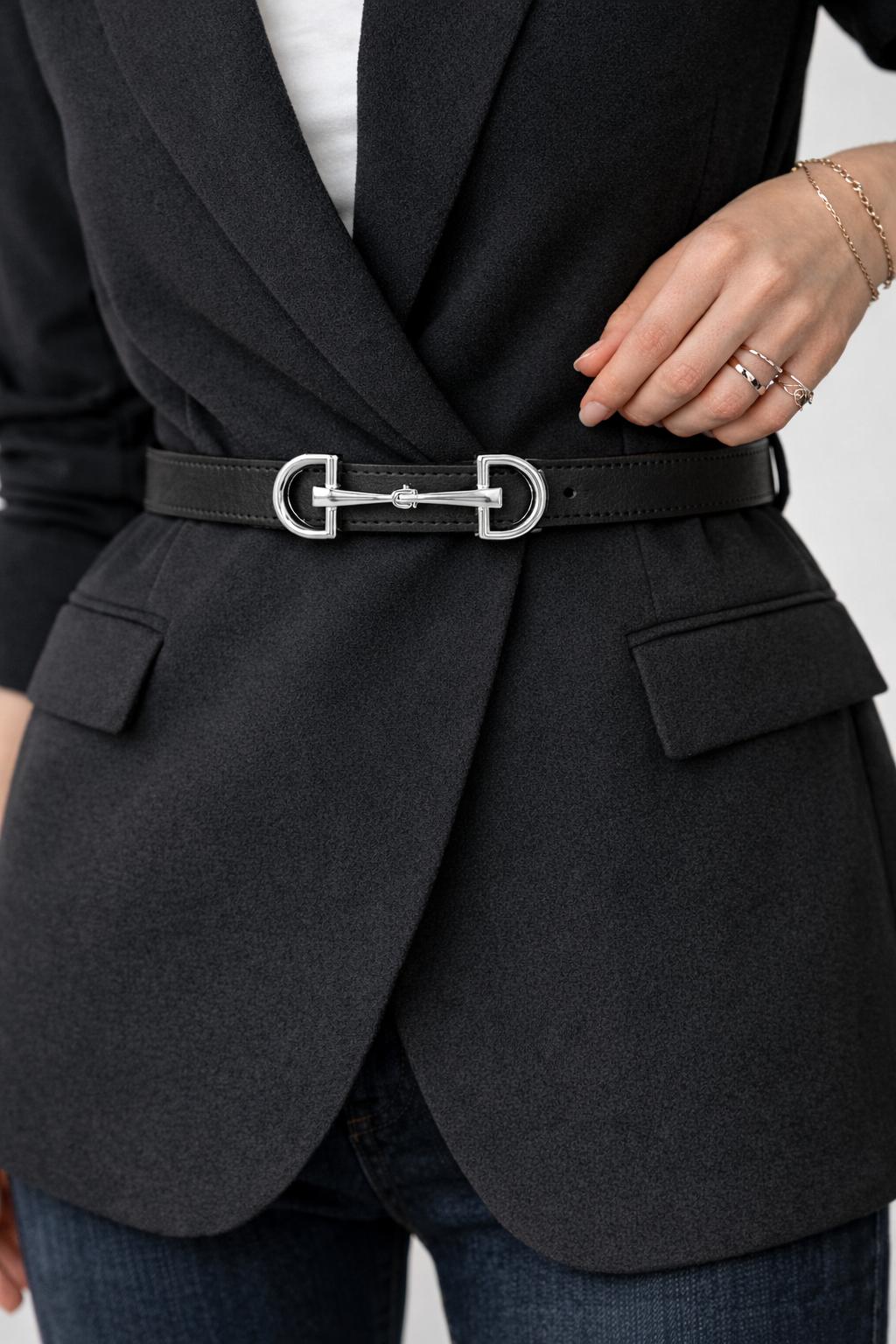 Lamelif Massi Çif Tokalı Kemer Siyah Gümüş