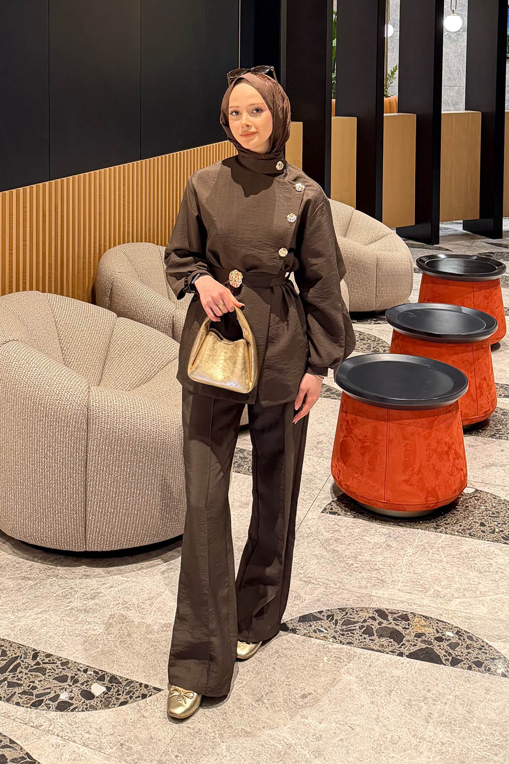 Lamelif Bağlama Detaylı Gold Düğmeli Takım Acı Kahve