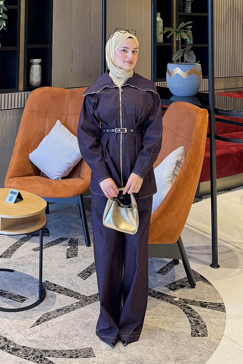 Lamelif Belden Oturtmalı Kemerli Takım Mor