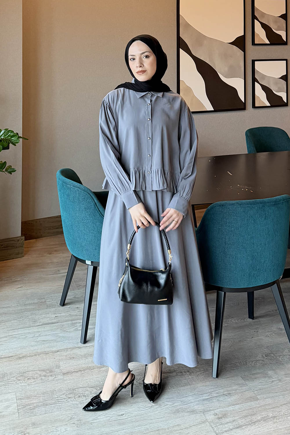 Lamelif Büzgü Detaylı Etekli Takım Antrasit