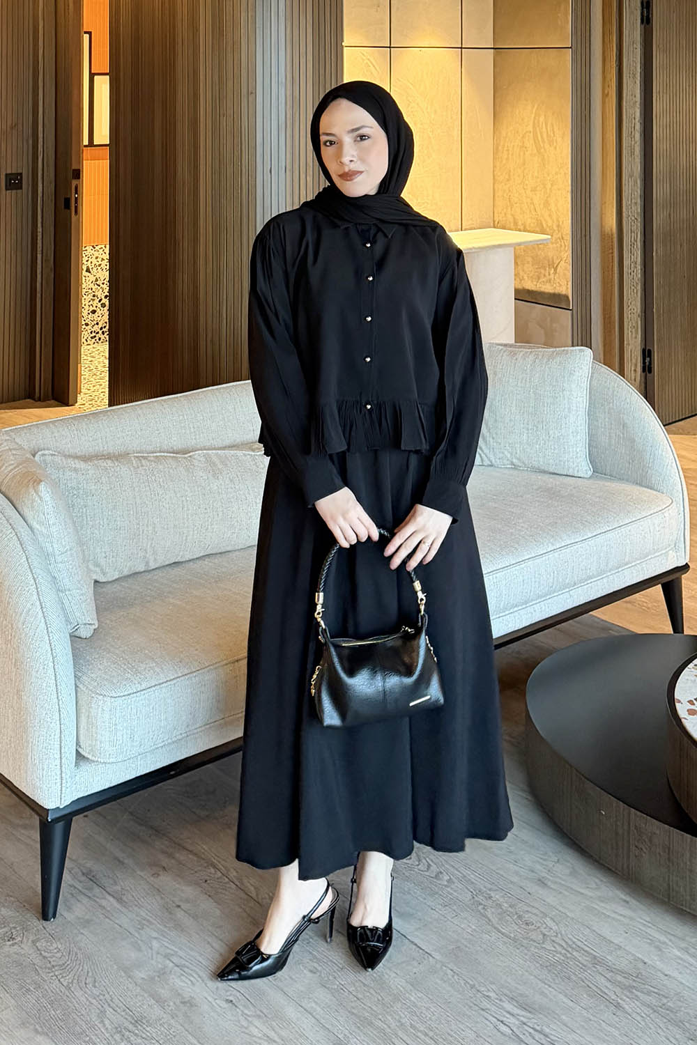 Black Shirt Collar Long Arm Cotton Flared Skirt Suit
