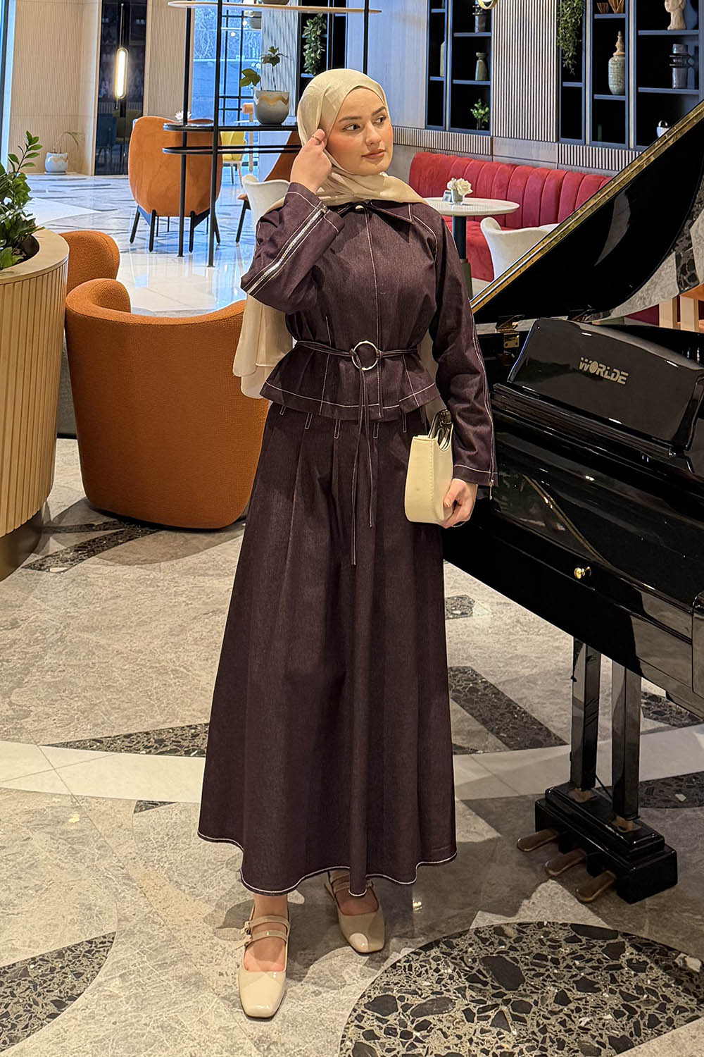 Lamelif Fermuar Detaylı Etekli Takım Mor