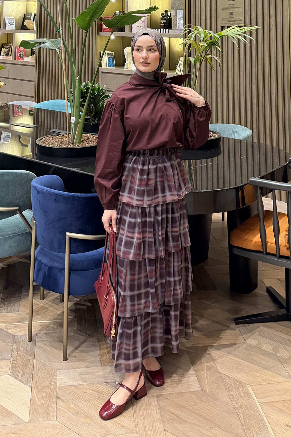 Lamelif Fular Detaylı Şifon Etekli Takım Mürdüm