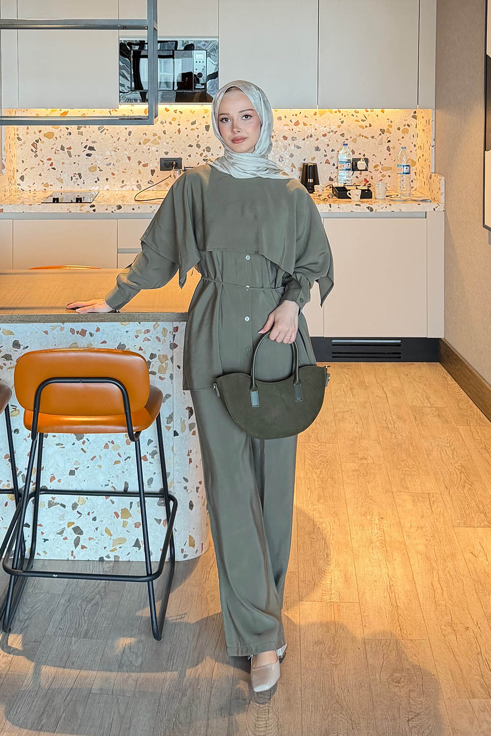 Lamelif Modal Pelerinli Takım Haki