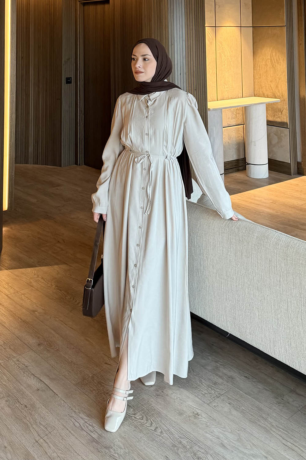 Lamelif Pile Detaylı Elbise Taş Rengi