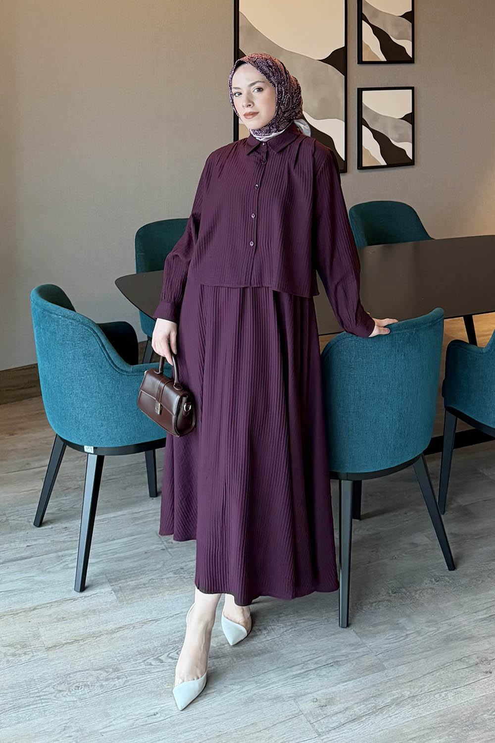 Lamelif Pileli Etekli İkili Takım Mürdüm