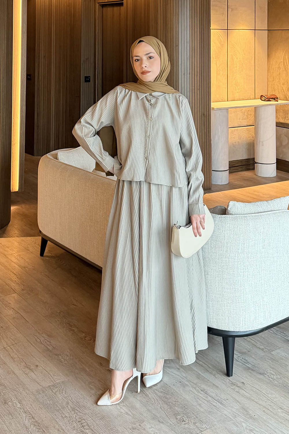 Lamelif Pileli Etekli İkili Takım Taş Rengi