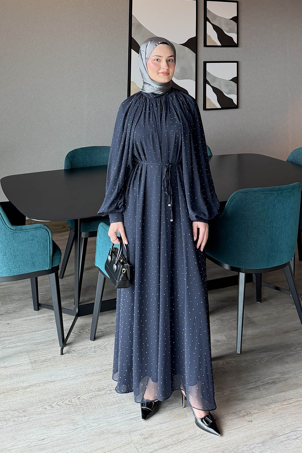 Lamelif Şifon Tesettür Elbise Lacivert