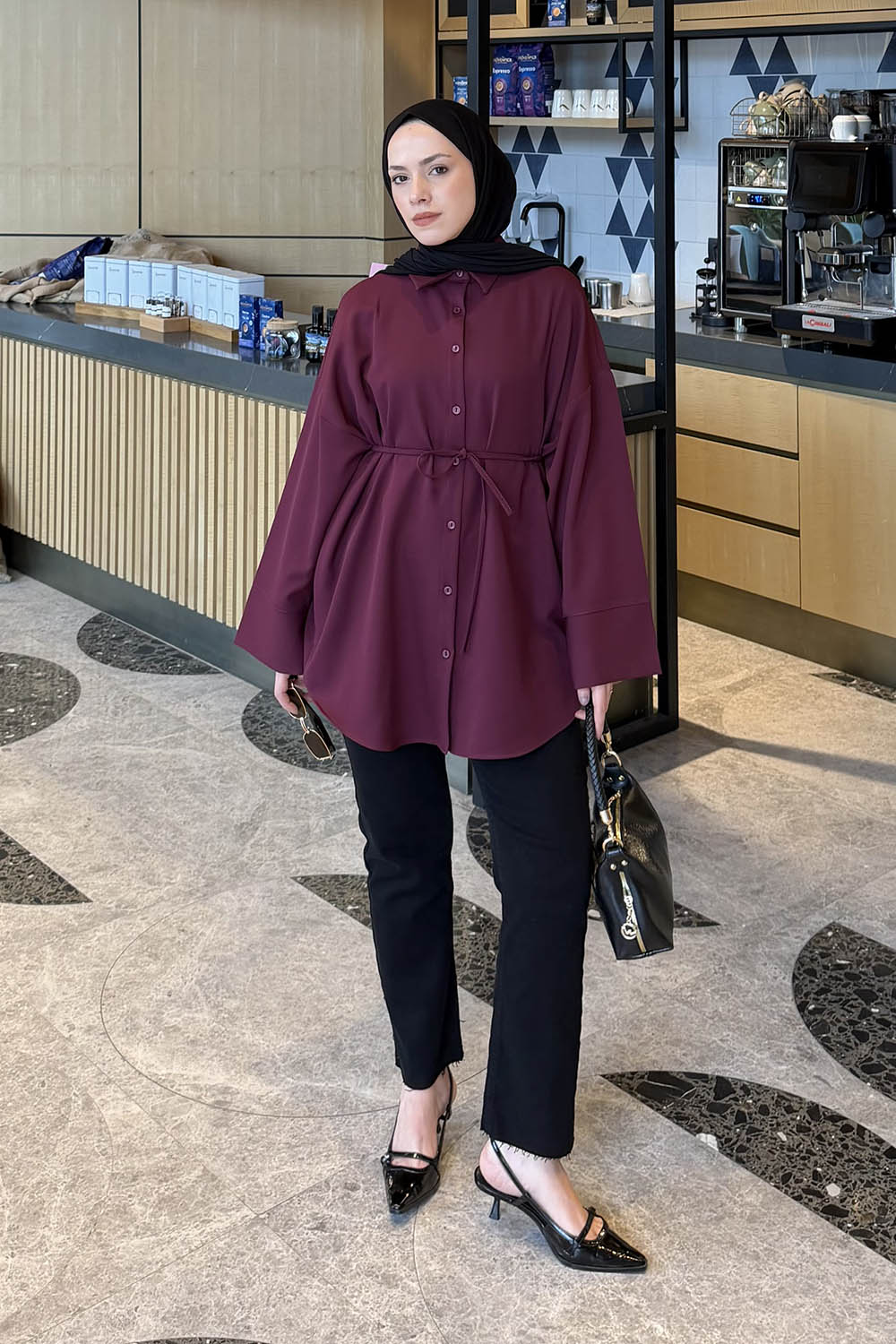 Lamelif Bağlama Detaylı Oversize Tunik Bordo