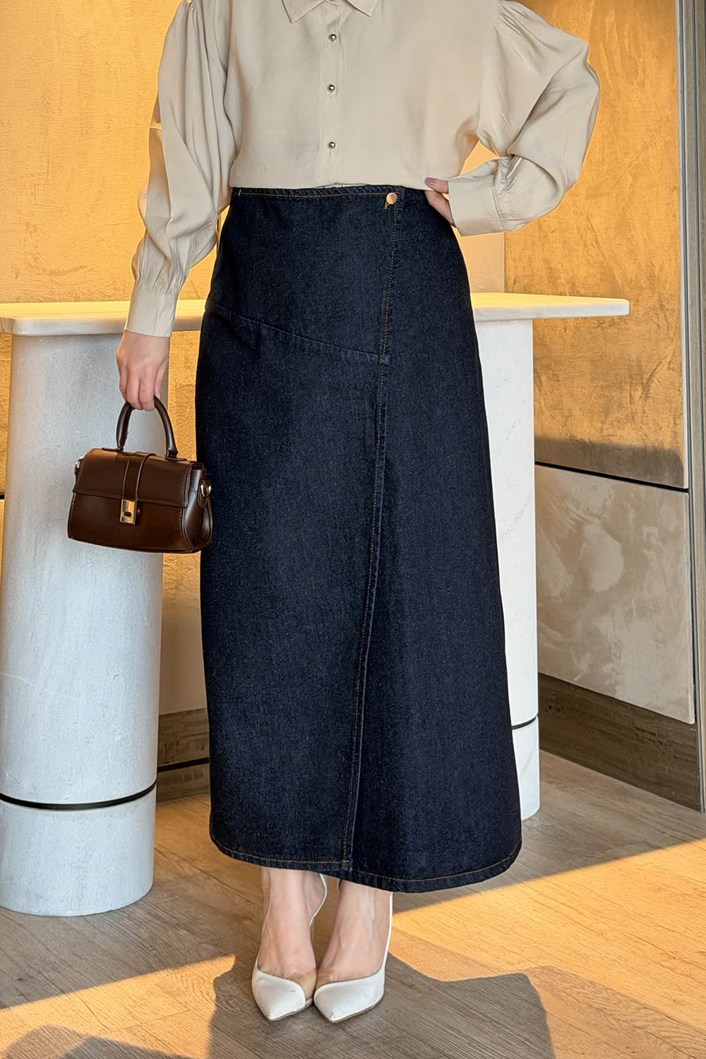 Lamelif Kruvaze Kapama Tesettür Kot Etek Kot  Mavisi