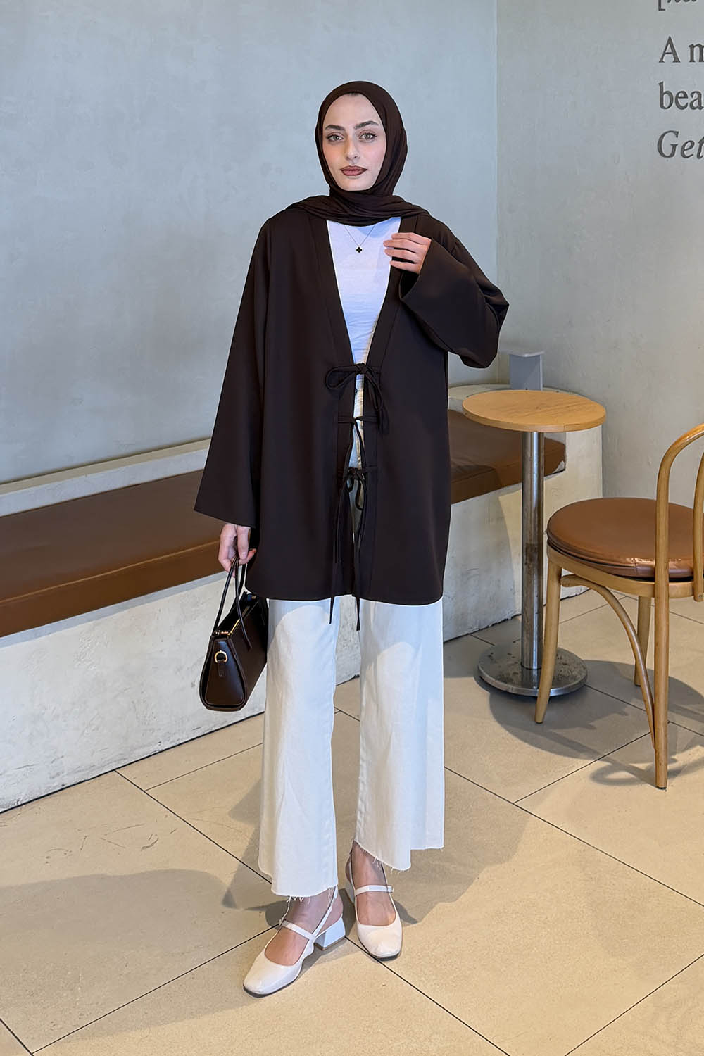 Lamelif Bağlama Detaylı Kimono Tunik Acı Kahve