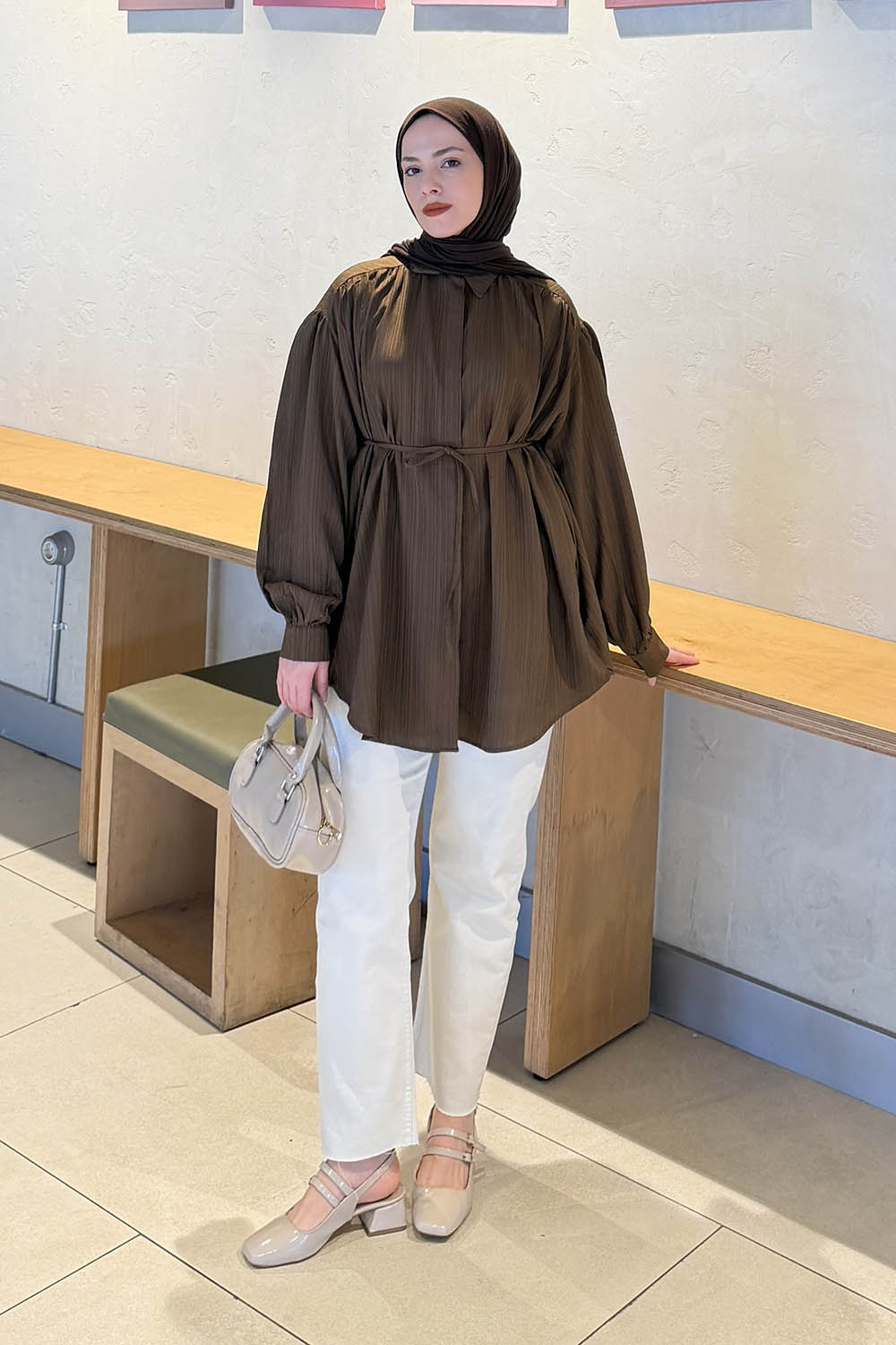 Lamelif Bağlama Detaylı Tesettür Gömlek Acı Kahve