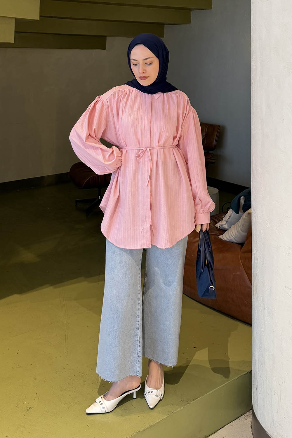 Candy Pink Shirt Collar Long Arm Cotton Shirt