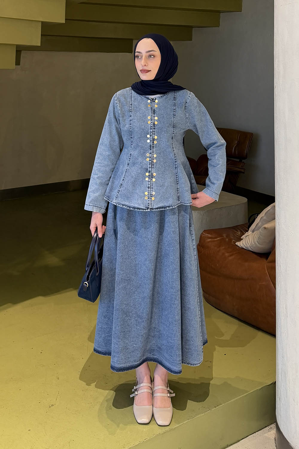 Lamelif Çıtçıtlı Etekli Kot Takım Mavi