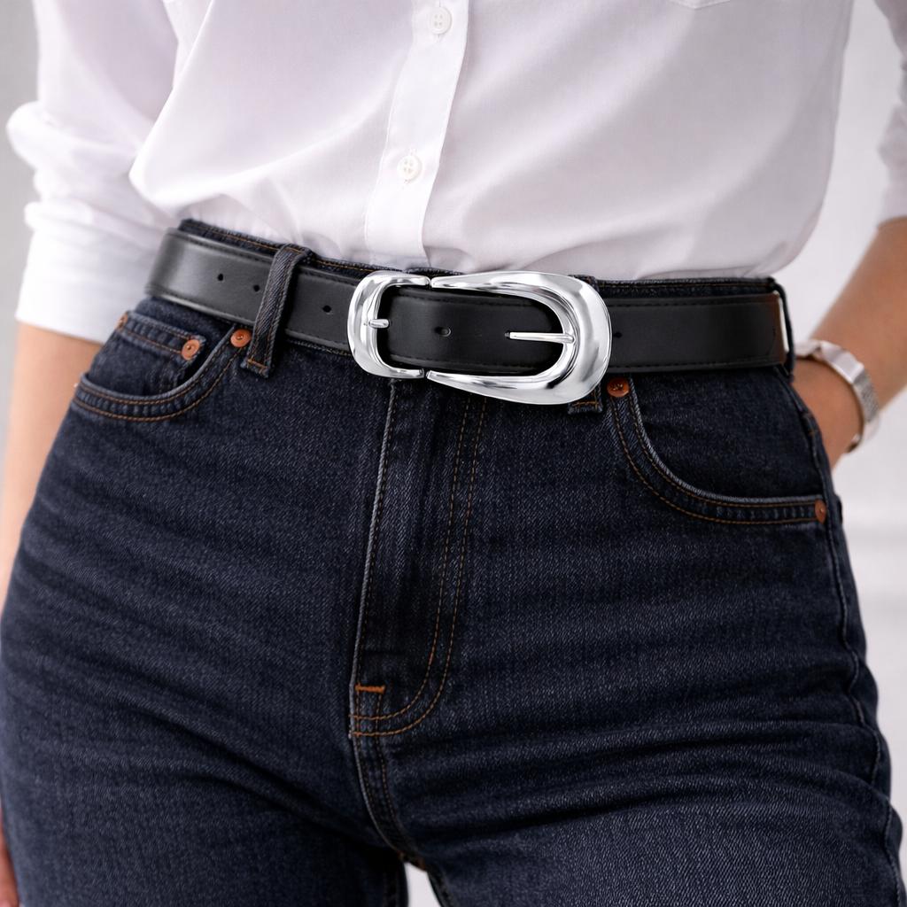 Lamelif Kadın Luna Geniş Oval Gümüş Tokalı Kemer