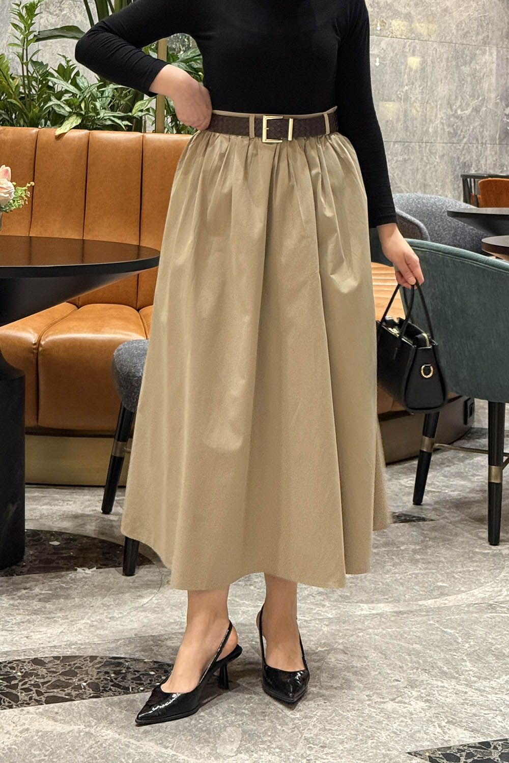 Lamelif Kemerli Büzgülü Etek Haki