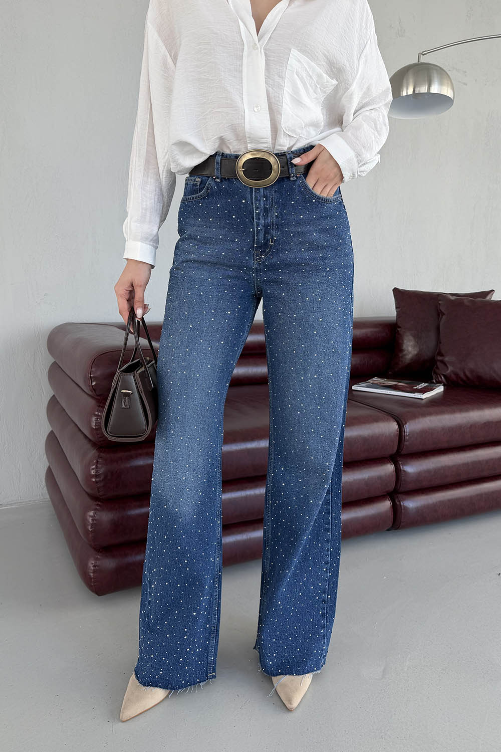 Lamelif Palazzo Taş Detaylı Jean Koyu Mavi