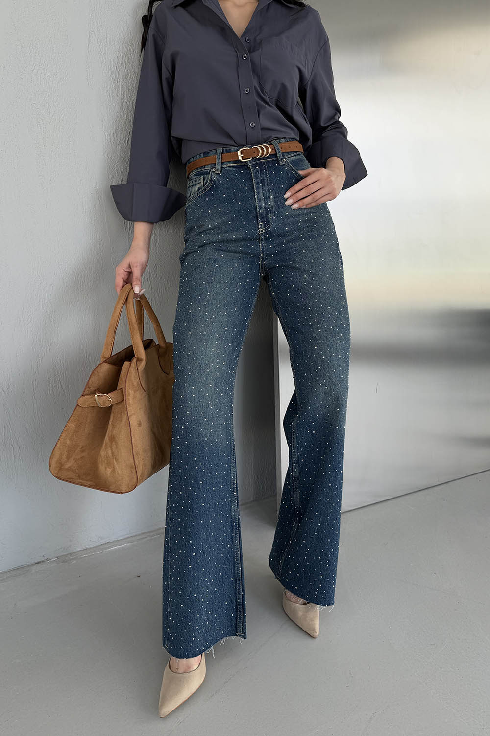 Lamelif Palazzo Taş Detaylı Jean Koyu Mavi Yeşil Tintli