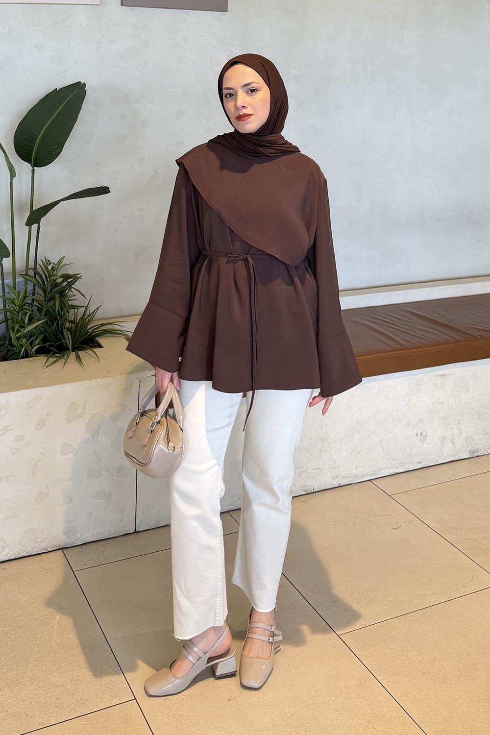 Lamelif Pelerin Detaylı Tunik Kahverengi