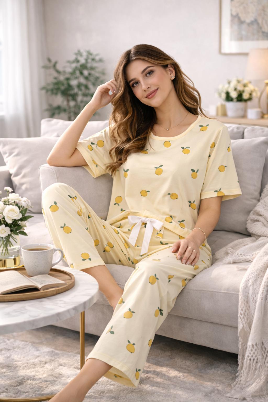 Lamelif Kadın Milan Kumaş  Lemonn Desenli Pijama Takımı