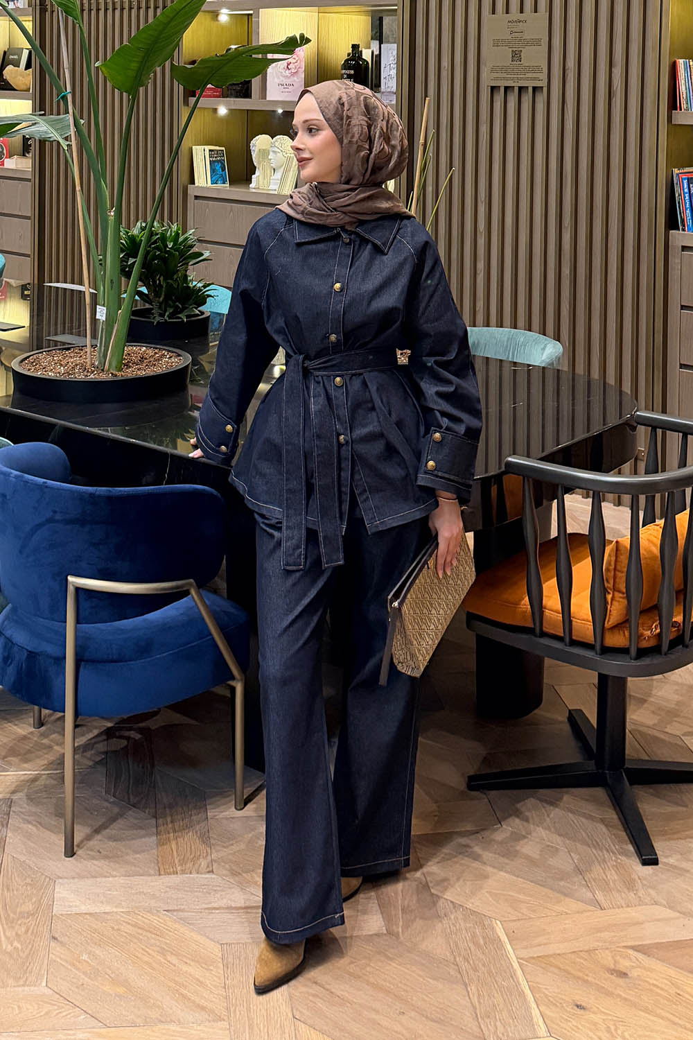 Lamelif Bağlama Detaylı Kot Takım Koyu Mavi