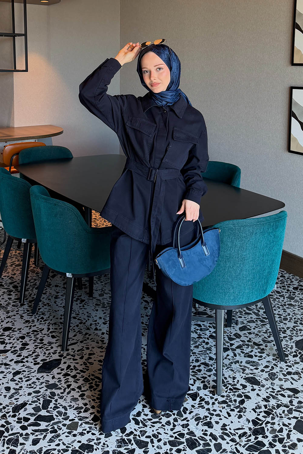 Lamelif Kemerli Denim Takım Lacivert