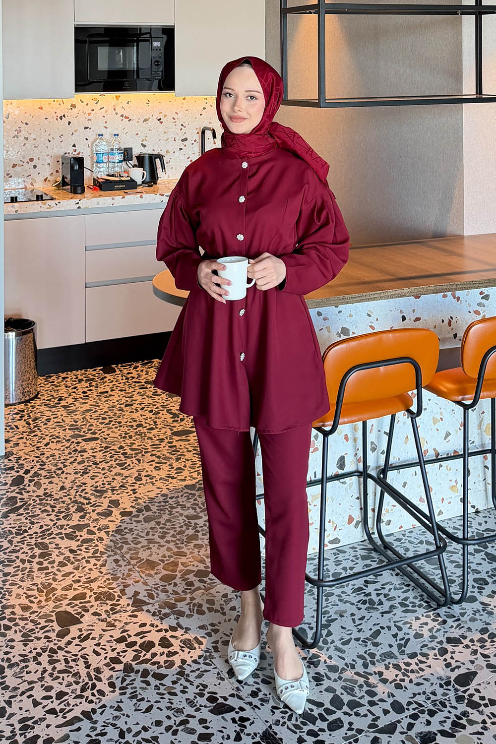 Lamelif Taş Düğme Detaylı Kemerli Takım Bordo