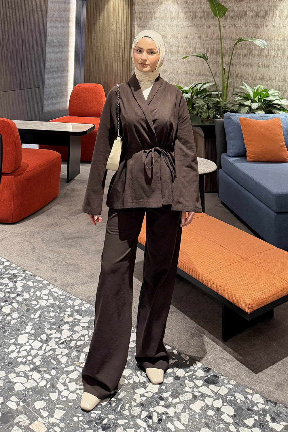 Lamelif Bağlama Detaylı Ceket Takım Acı Kahve