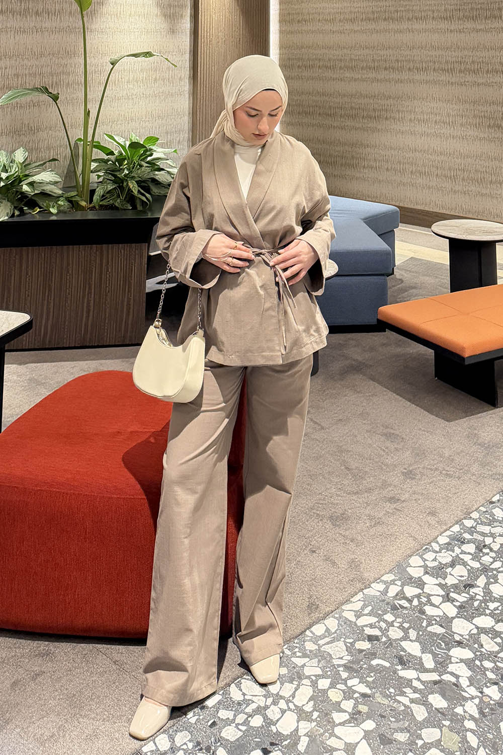 Lamelif Bağlama Detaylı Ceket Takım Soft Kahve