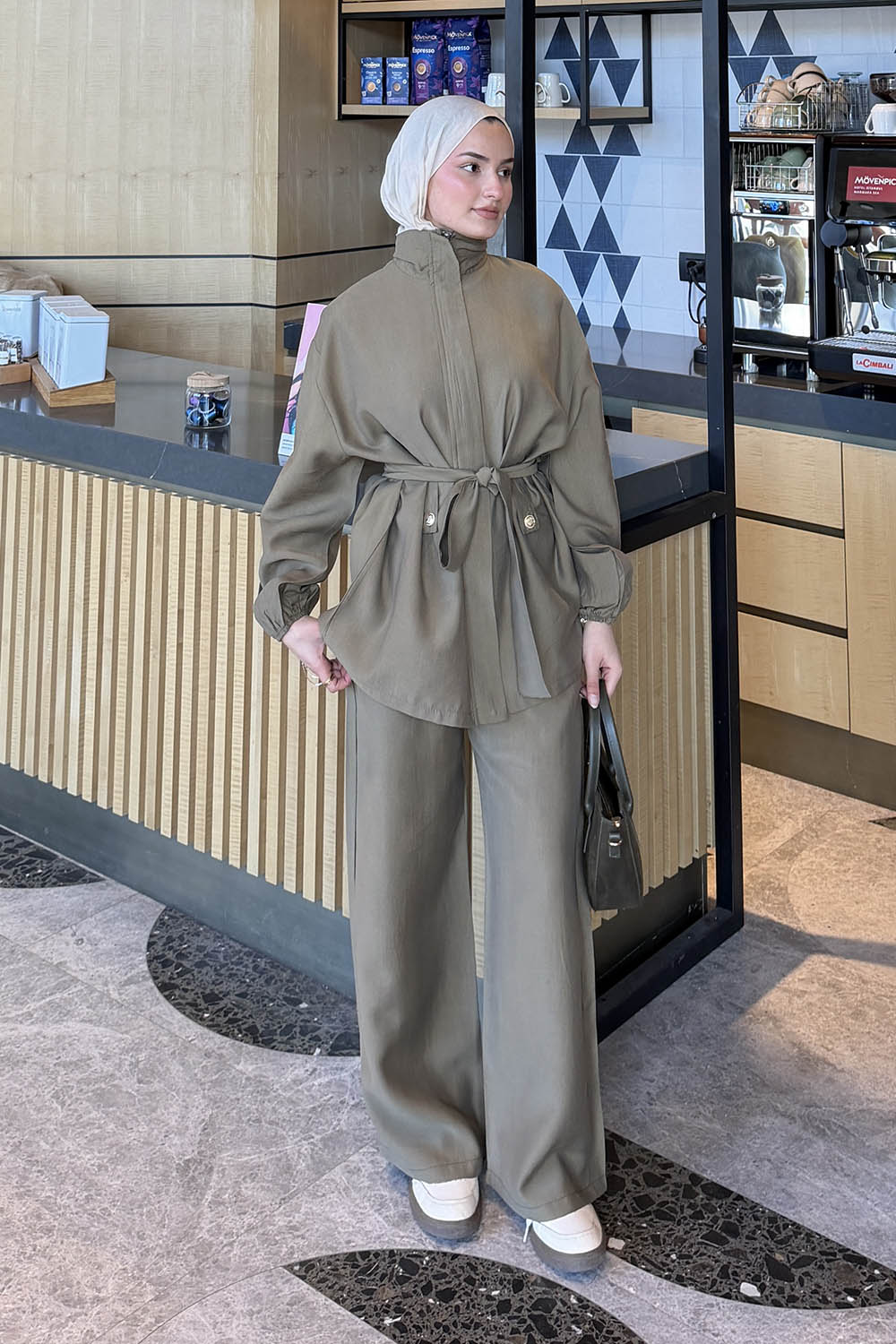 Lamelif Bağlamalı Gold Düğme Detaylı Takım Haki