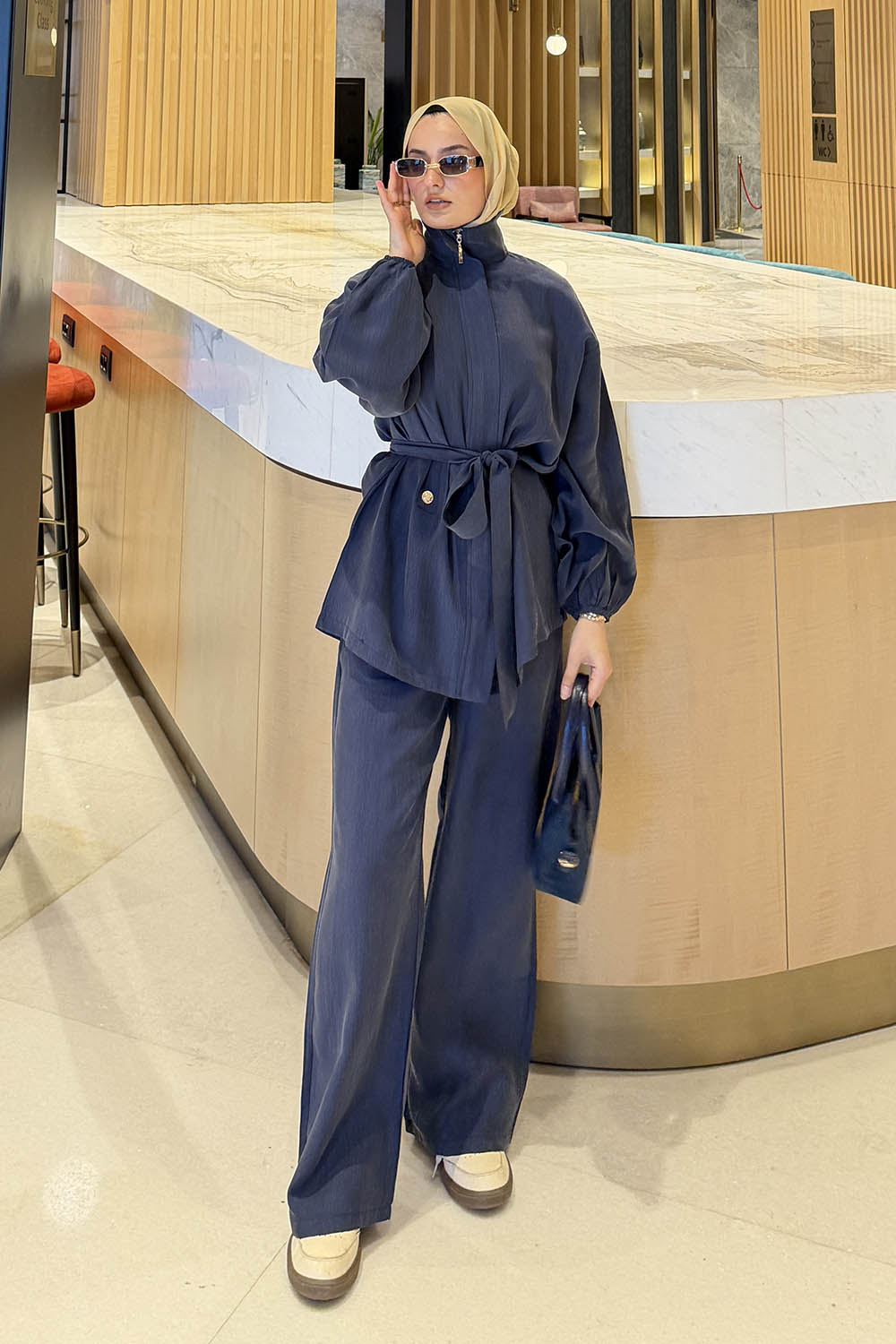 Lamelif Bağlamalı Gold Düğme Detaylı Takım İndigo