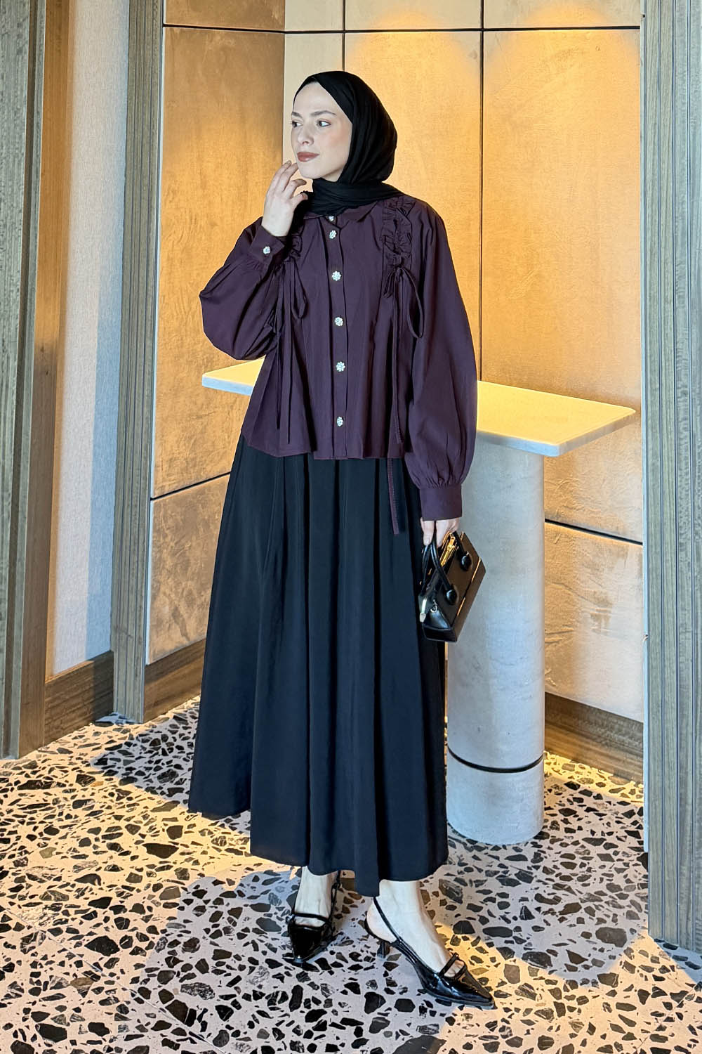 Lamelif Büzgü Detaylı Tesettür Gömlek Bordo