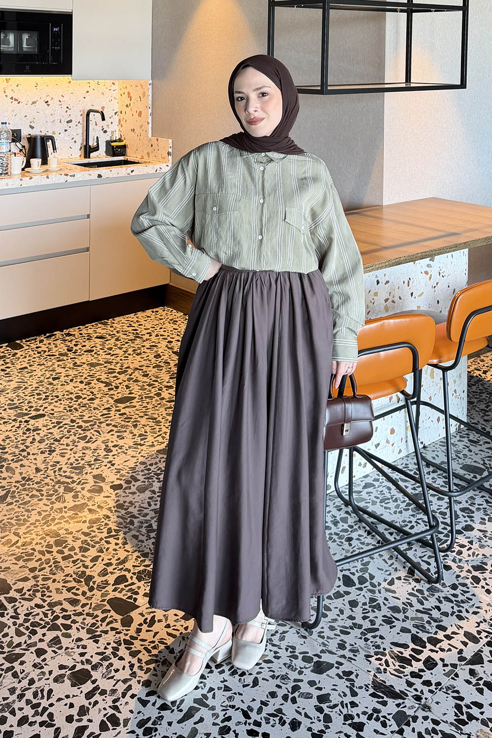 Lamelif Çizgili Cep Detaylı Gömlek Haki