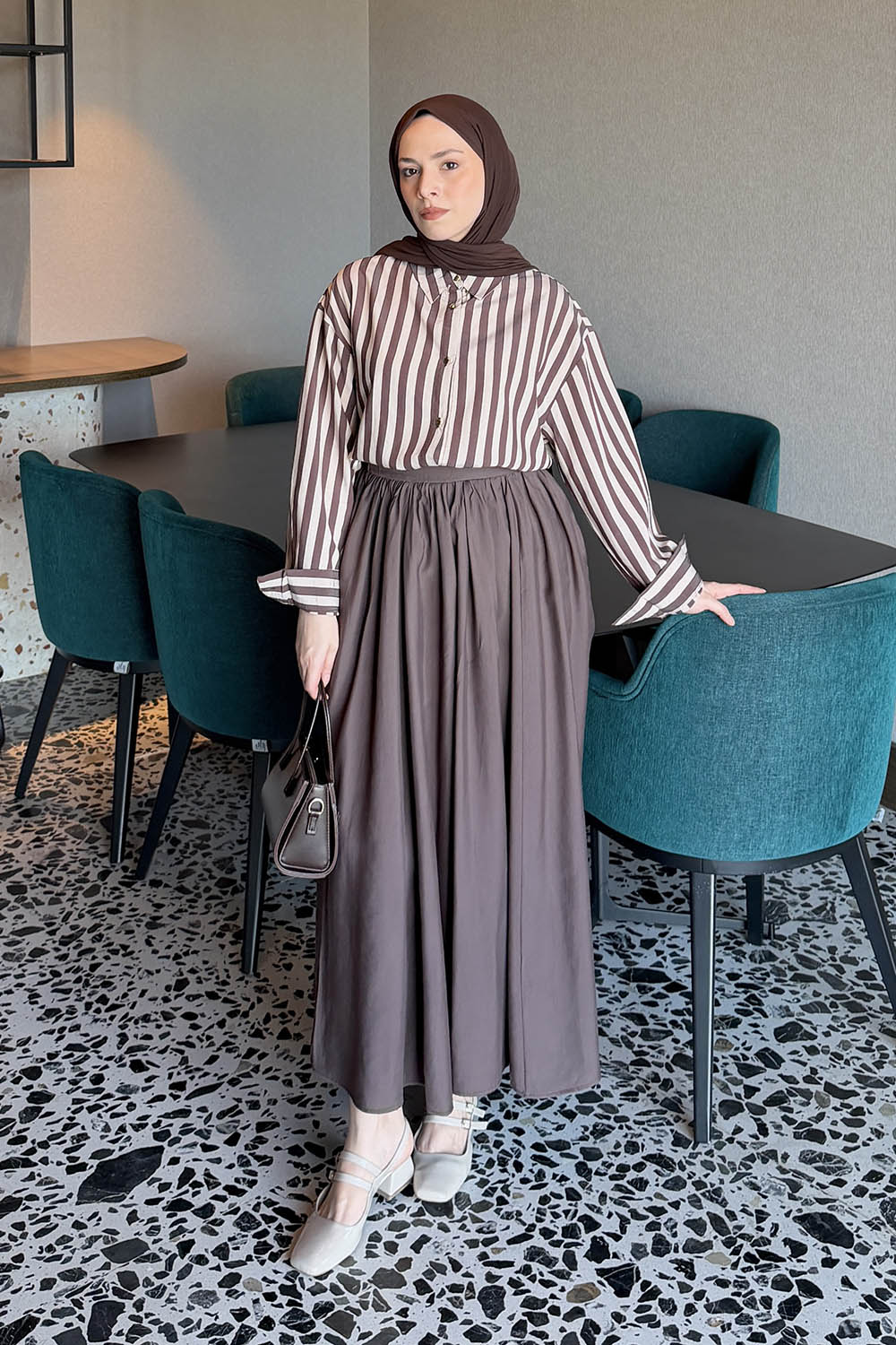 Lamelif Gold Düğmeli Çizgili Gömlek Acı Kahve