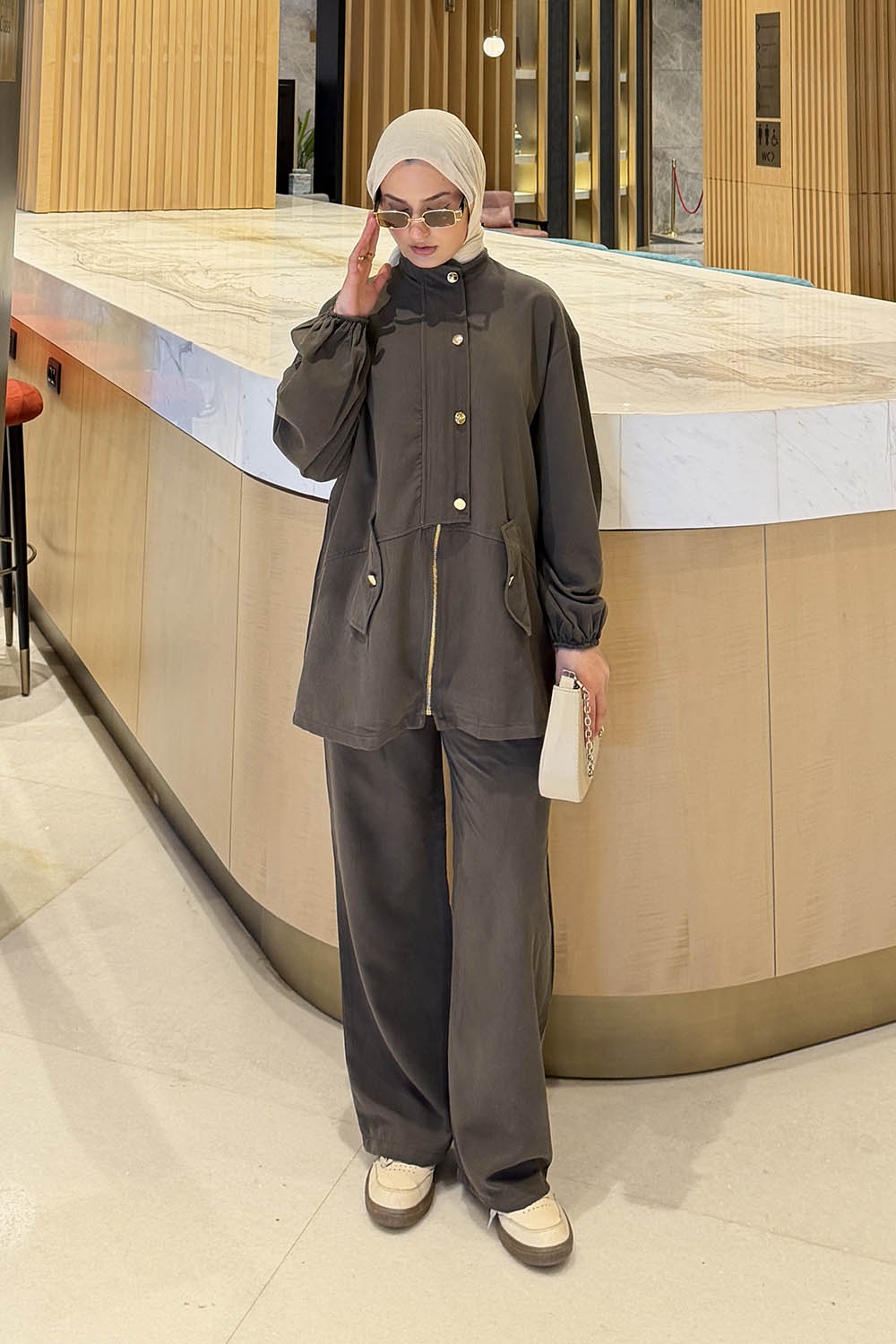 Lamelif Gold Düğmeli Fermuarlı Takım Acı Kahve