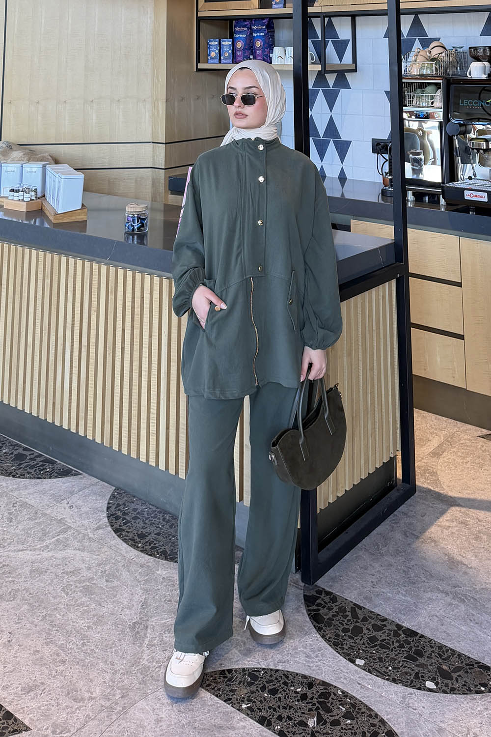 Lamelif Gold Düğmeli Fermuarlı Takım Koyu Yeşil